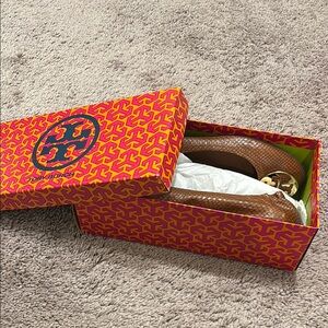 Tory Burch Brown and Gold Loafers with Iconic Logo